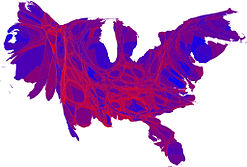 Cartogram of popular vote with each county rescaled in proportion to its population. Deeper blue represents a Democratic majority; brighter red represents a Republican majority.[182]