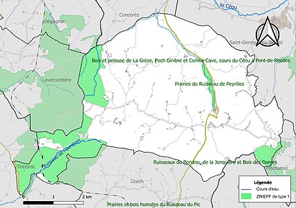 Carte des ZNIEFF de type 1 sur la commune.