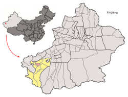 Location of the county in Kashgar Prefecture (yellow) and Xinjiang