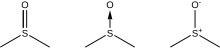 Verschiedene gebräuchliche Darstellungen der S,O-Bindung in Sulfoxiden: Doppelbindung, koordinative Bindung, Einfachbindung mit Formalladung.