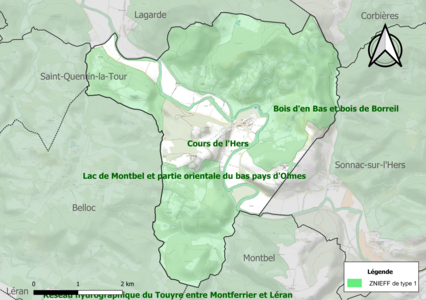 Carte des ZNIEFF de type 1 sur la commune.