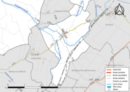 Carte en couleur présentant le réseau hydrographique de la commune