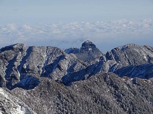 Looking at Dabajian Mountain from the main peak of the Snow Mountain, you can observe the special box fold - Guangmingqiao anticline Photograph: User:Chunyuanliu