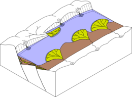 Lake-filled half-graben showing sedimentation dominantly from the 'hinge' margin Half-graben sedimentation.png