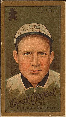 Baseball card showing a head shot of a man facing forward wearing a white hat with a "C" on it. The card says "Cubs" in the upper right corner and says "Orval Overall of the Chicago Nationals" on the bottom.