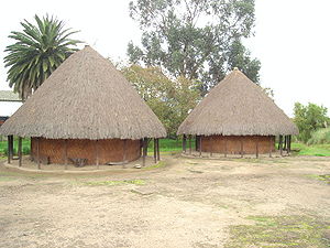 The bohios of the Muisca were circular and constructed on a slightly elevated platform against flooding. The roofs were made of plant material and the houses did not have rooms, yet one open space ParqueArqueologicoSogamoso.JPG