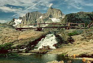 Mount Ritter and Banner Peak, behind a bridge over the John Muir Trail