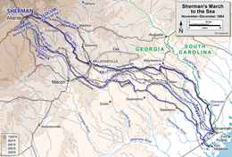 Carte schématique de la Marche de Sherman vers la mer.