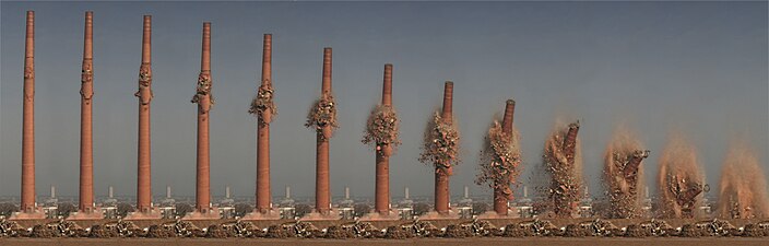 Demolition of a chimney at the former "Henninger Brewery" in Frankfurt am Main, Germany, on 2 December 2006