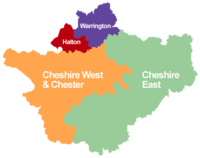 Four unitary authorities of Cheshire Cheshire unitary labell.png