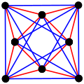 3{3}3, or , with 8 vertices in black, and 8 3-edges colored in 2 sets of 3-edges in red and blue[16]