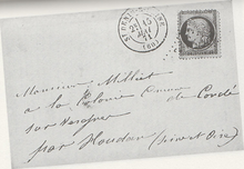 Arrière d'une lettre, portant l'oblitération suivante : "Saint-Denis-sur-Seine (60) 15 mai 1871". Elle est adressée à : "Monsieur Milliet à la Colonie de Condé sur Vesgre."