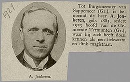 Klein krantenartikel uit 1927 over de benoeming van Albert Jonkeren