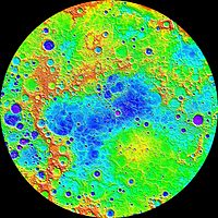 Northern hemisphere topography from MLA data shows a 10 km vertical range: high (red); low (purple).