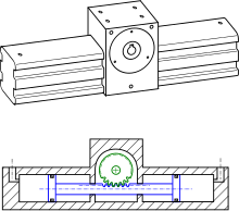 Hydraulic or pneumatic rotary actuator, using a rack and pinion Verin rotatif principe.svg