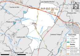 Carte en couleur présentant le réseau hydrographique de la commune