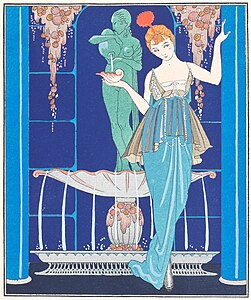 Georges Barbier illusztrációja egy Jeanne Paquin által tervezett ruha alapján (1914). A korai art déco jellemzői többek között a stilizált virágmotívumok és az élénk színek