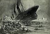 "Untergang der Titanic", pictură cu o navă mare scufundându-se și cu supraviețuitori în apă și pe bărci