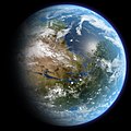 La terraformación es el proceso por el cual pudiere modificarse un planeta, luna u otro cuerpo celeste hasta conseguir unas condiciones más habitables de atmósfera, temperatura y ecología. La imagen muestra una representación artística del planeta Marte terraformado. Por Ittiz