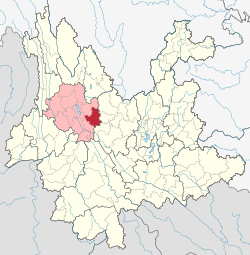 Location of Xiangyun County (red) and Dali Prefecture (pink) within Yunnan