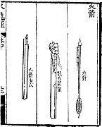 Rocket arrows from the Huolongjing. The right arrow reads 'fire arrow' (huo jian), the middle is a 'dragon shaped arrow frame' (long xing jian jia), and the left is a 'complete fire arrow' (huo jian quan shi).
