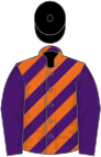 Purple, orange diagonal stripes on body, black cap