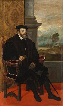 Portrait of Charles V, Holy Roman Emperor, seated (1500–1558), formerly attributed to Titian (Alte Pinakothek, Munich).jpg