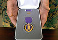 Purple Heart in seiner Verleihungsbox mit entsprechendem Zivilpin (klein) und Ribbon