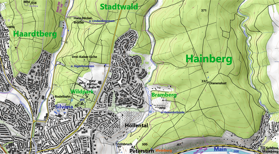 Nordöstliches Stadtgebiet, mit den südwestlichen Ausläufern der Schweinfurter Rhön, dem größten Naherholungsgebiet der Stadt. Legende: AT = Aussichtsturm/Terrasse, AS = Abenteuerspielplatz, WS = Wasserspielplatz, Whs = Wirtshaus mit Biergarten