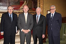 Carter (second from right) with Martti Ahtisaari, William Hague, and Lakhdar Brahimi from The Elders group in London, July 24, 2013. The Elders (9358747992).jpg