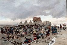 Peinture représentant un bivouac de soldats de l'armée française. Ils occupent la moitié inférieure du tableau, l'autre est occupé par un important nuage gris. Des dizaines de soldats sont debout, en uniforme ou emmitouflés dans des couvertures ; quelques-uns dorment sur le sol ou dans une petite tranchée. Derrière eux, il ne subsiste plus aucune végétation. À l'arrière-plan, une grande bâtisse, dont il ne reste plus que des pans de mur.