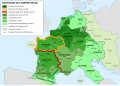 Carte du royaume d'Austrasie mérovingienne (vert le plus sombre), Metz fut sa capitale de 511 à 751.