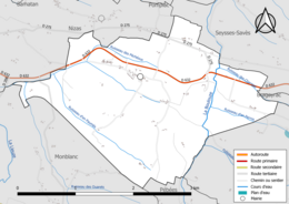 Carte en couleur présentant le réseau hydrographique de la commune