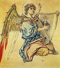 Angel playing the harp label QS:Len,"Angel playing the harp" label QS:Lpl,"Anioł grający na cytrze" (Cardboard for polychrome to St. Mary's Church) watercolor medium QS:P186,Q22915256 , 1895, 128.5 × 117 cm