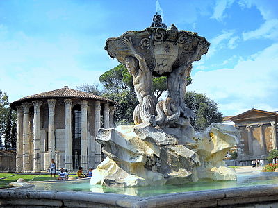 Fontana dei Tritoni. I bakgrunden ses Hercules Victors tempel och Portunustemplet.