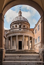 Tempietto del Bramante, San Pietro in Montorio, Rome, 1502, by Donato Bramante. This small temple marks the place where St. Peter was crucified. Tempietto di Bramante02783.jpg