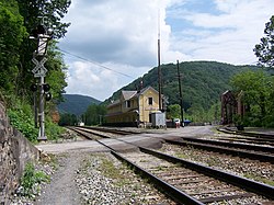 Thurmond Depot, now a New River Gorge National River visitor center, and a single track bridge which crosses the New River.