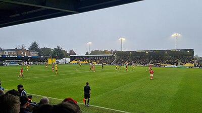 Northwards view showing Hospital End (left) and two stands on eastern side (October 2023)