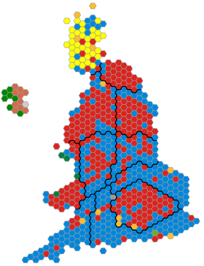 Election results plotted on a map showing equal-size constituencies, showing winning party in each.