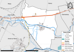 Carte en couleur présentant le réseau hydrographique de la commune