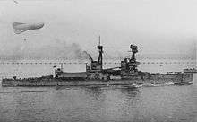 Bellerophon underway, 1918, with a kite balloon in the upper left background Bellerophon NH 110230.jpg