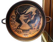 Prométhée et Atlas, kylix à figures noires du Peintre d'Arcésilas, Laconie, v. 560-550 av. J.-C. Musée grégorien étrusque.