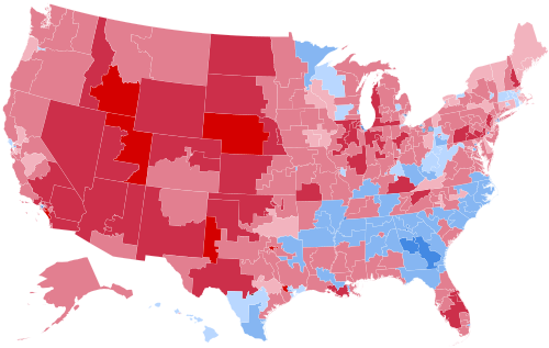 Results by congressional district, shaded according to winning candidate's percentage of the vote