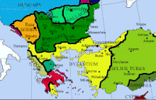 South-eastern Europe, c. 1261 (the Bulgarian Empire in dark green, the Kingdom of Serbia in orange). Balkans1260.gif