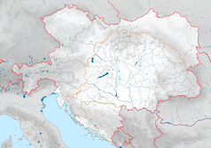 Mapa konturowa Austrii, u góry nieco na prawo znajduje się punkt z opisem „miejsce bitwy”