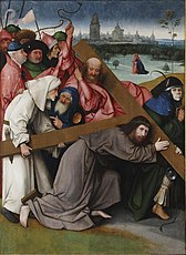 Hieronymus Bosch and/or workshop. Jesus Christ Bearing the Cross translate label QS:Lit,"cristo portacroce" label QS:Lja,"十字架を担うキリスト" label QS:Lfr,"Le portement de croix" label QS:Lpl,"Jezus dźwigający krzyż" label QS:Lnl,"De kruisdraging" label QS:Lru,"Несение креста" label QS:Lde,"Die Kreuztragung Christi" label QS:Len,"Christ Carrying the Cross" label QS:Lsl,"Kristus nosi križ" label QS:Lmk,"Носење на крстот" label QS:Les,"Cristo con la Cruz a cuestas" . حوالی 1492-1516. نقاشی رنگ روغن بر روی تخته medium QS:P186,Q296955;P186,Q106857709,P518,Q861259 . ۱۵۰٫۰ × ۹۴٫۰ سانتی‌متر. مادرید, Royal Palace.