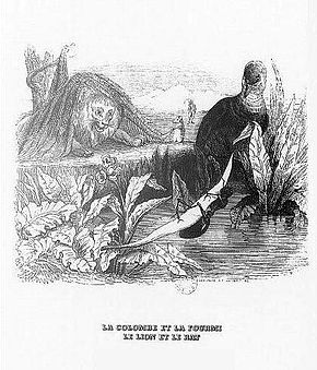 J. J. Grandville's plate of two fables with similar themes in La Fontaine's fables, 1838 Grandville-dove & ant.jpg