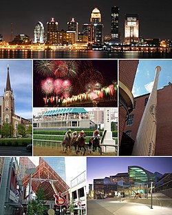 From top: Louisville downtown skyline at night, Cathedral of the Assumption, Thunder Over Louisville fireworks during the Kentucky Derby Festival, Kentucky Derby, Louisville Slugger Museum & Factory, Fourth Street Live!, The Kentucky Center for the Performing Arts