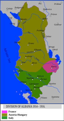 Map showing the zones of control of Albania during WWI