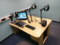 An image of the newly installed studio hardware in the Luscombe Studio in late March 2018. The previous desk - a Sonifex S2 - took up far more space than the newer S0 model. BurnFMStudio 2018.jpg